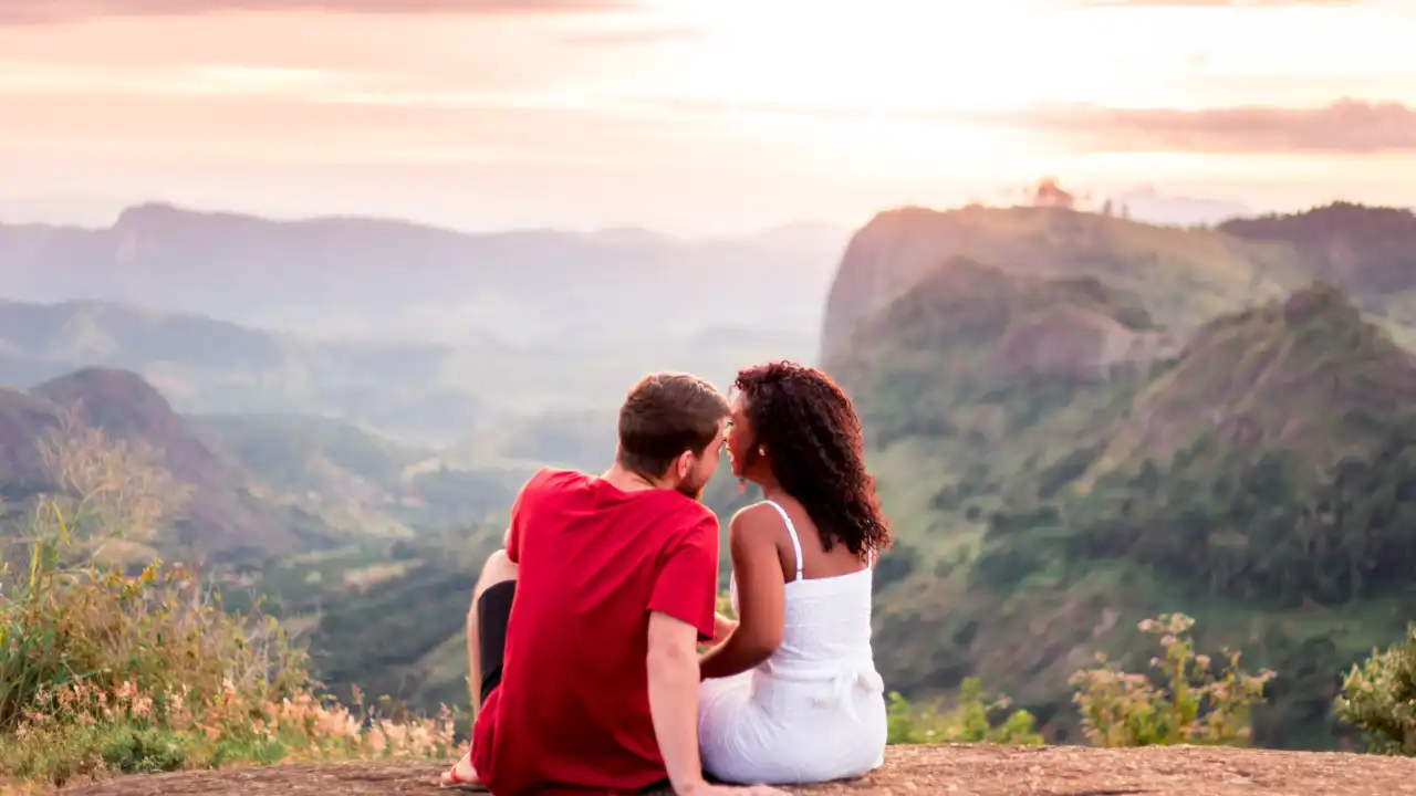 Happy dating couple during online counselling session
